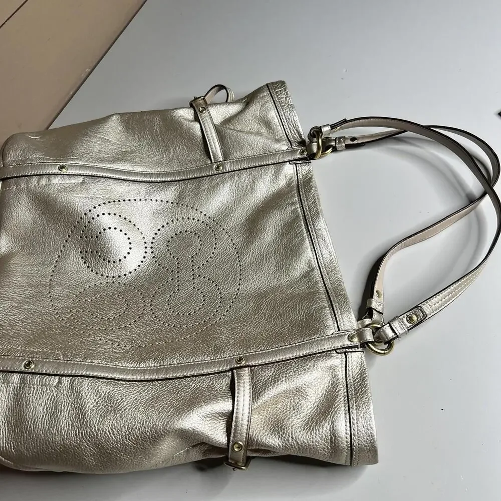 Coach Tote Bag‎ Womens Large Gold Metallic Leather Shoulder Pink Lining 17024